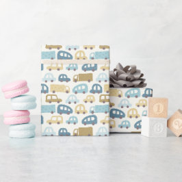 Baby Boy Gift Wrap Cars & Trucks | Blue & Beige Geschenkpapier