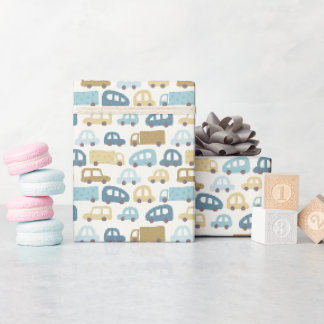 Baby Boy Gift Wrap Cars & Trucks | Blue & Beige Geschenkpapier