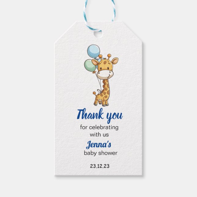 Baby Boy Giraffe Babydusche Danke Geschenkanhänger (Vorderseite)