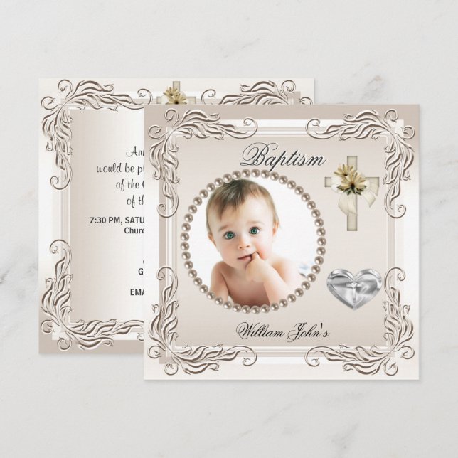 Baby Boy Girl Beige Cream Christening Taufe Einladung (Vorne/Hinten)