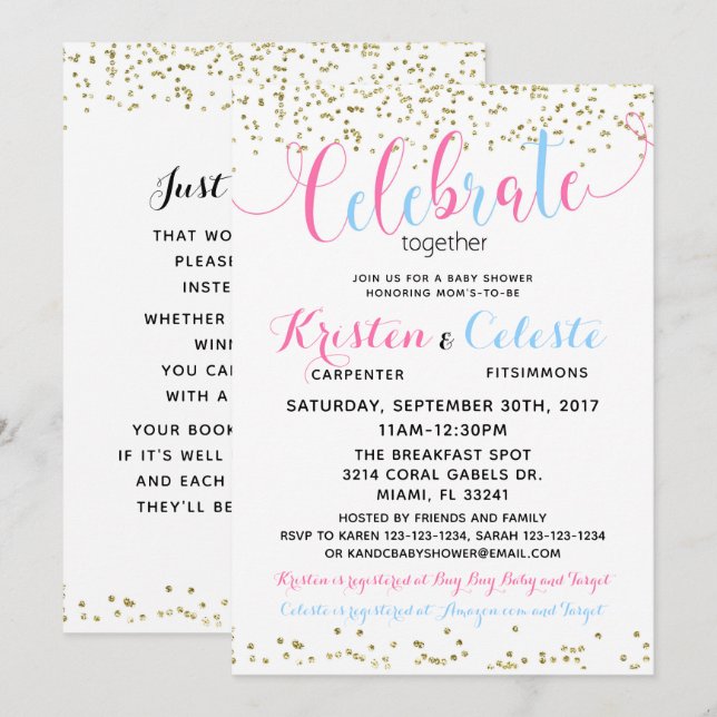 Baby Boy Girl Combined Joint Friends Baby Shower Einladung (Vorne/Hinten)