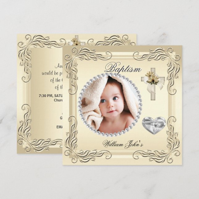 Baby Boy Girl Gold Cream Christening Taufkreuz Einladung (Vorne/Hinten)