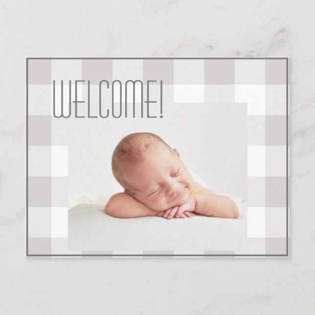 Baby Boy Girl Gray Karo Name Birth Stats Baby Ankündigungspostkarte (Vorderseite)