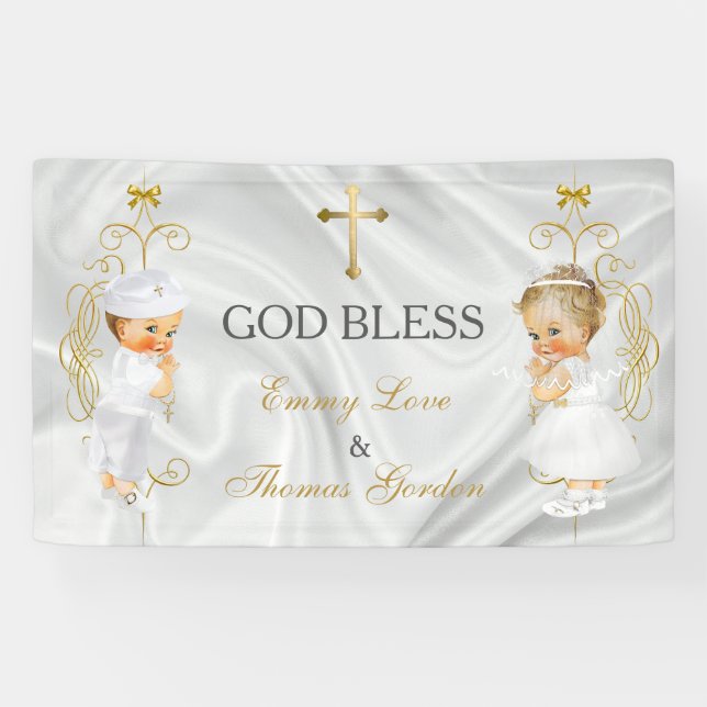 Baby Boy & Girl Twins Taufe Christening Gold Banner (Horizontal)