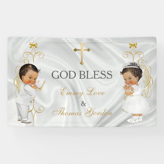 Baby Boy & Girl Twins Taufe Christening Gold Banner (Horizontal)