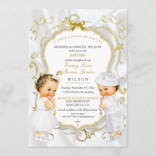 Baby Boy & Girl Twins Taufe Christening Gold Einladung