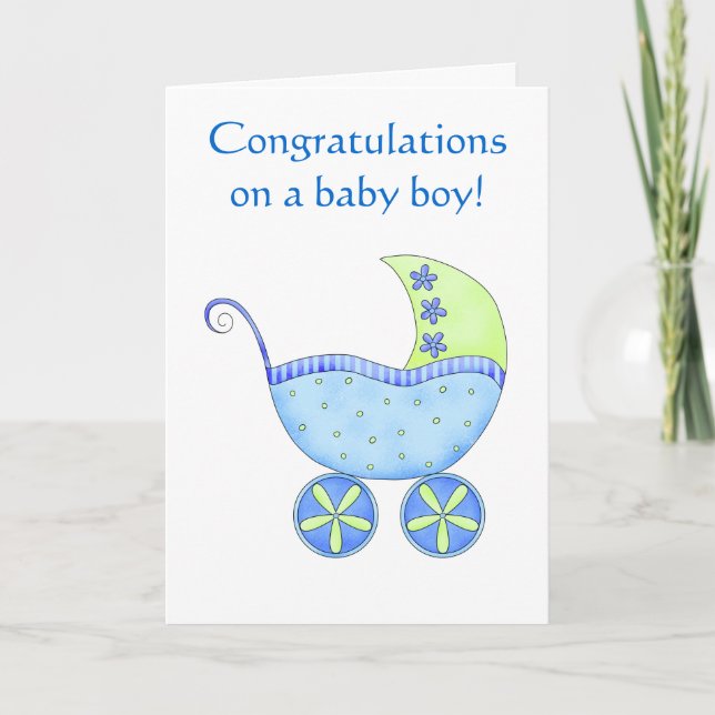Baby Boy Herzlichen Glückwunsch Buggy Carriage Blu Karte (Vorderseite)
