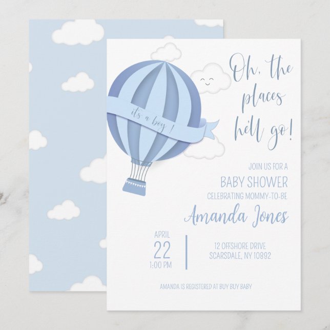 Baby Boy Hot Air Ballon Dusche Einladung (Vorne/Hinten)
