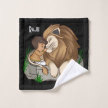 Baby boy hugging a cut lion Handdook