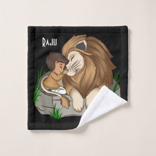 Baby boy hugging a cut lion Handdook