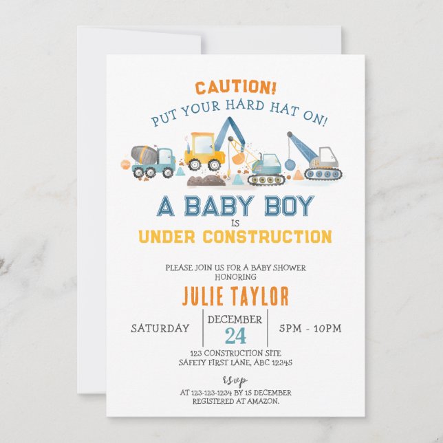 Baby Boy im Bau, Digger Baby Dusche Einladung (Vorderseite)