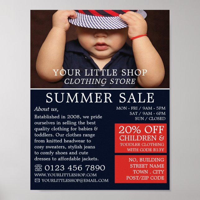 Baby Boy in Hat, Kinderkleidungsgeschäft Poster (Vorne)
