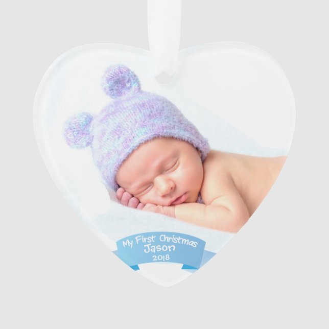 Baby Boy l First Christmas Foto Acryl Ornament (Vorderseite)