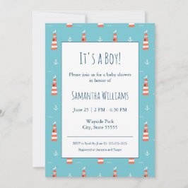 Baby Boy Lighthouse and Anchor Pattern on Blue Einladung