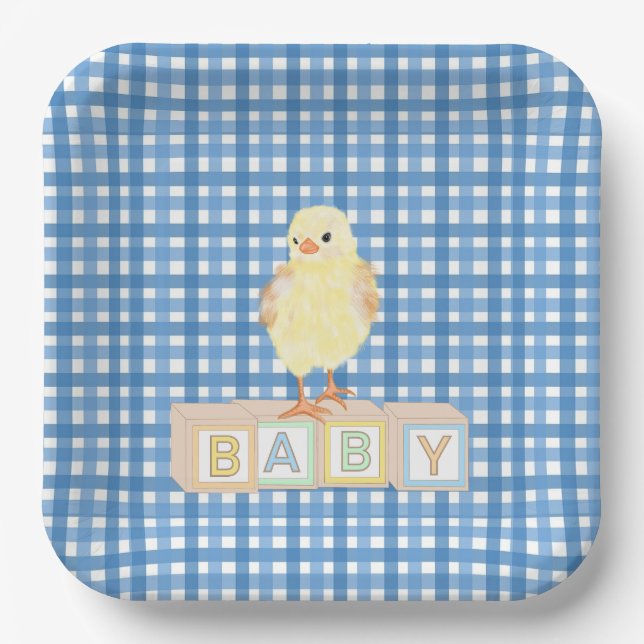 Baby Boy Little Chick Blue Gingham Pappteller (Vorderseite)