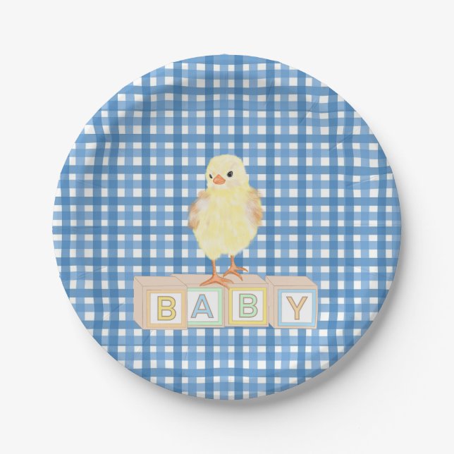 Baby Boy Little Chick Blue Gingham Pappteller (Vorderseite)