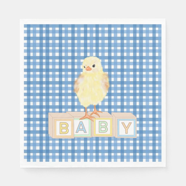 Baby Boy Little Chick Blue Gingham Serviette (Vorderseite)