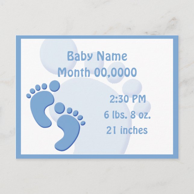 Baby Boy Little Feet Footprint Geburtsankündigung Ankündigungspostkarte (Vorderseite)