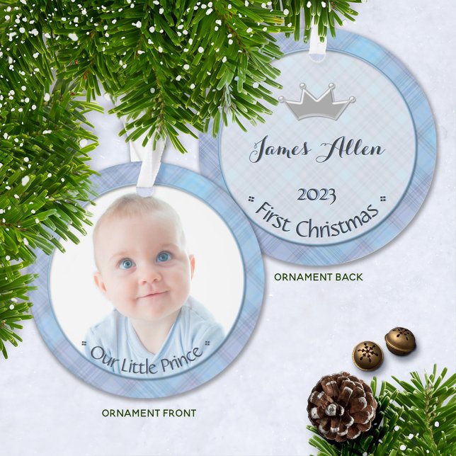 Baby Boy Little Prince Première Garde de Noël Ou (Keepsake Baby's First Christmas Photo Ornament with Year and Name | Our Little Prince, Baby Boy )