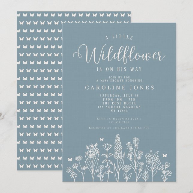 Baby Boy Little Wildblume Blue Baby Dusche Einladung (Vorne/Hinten)