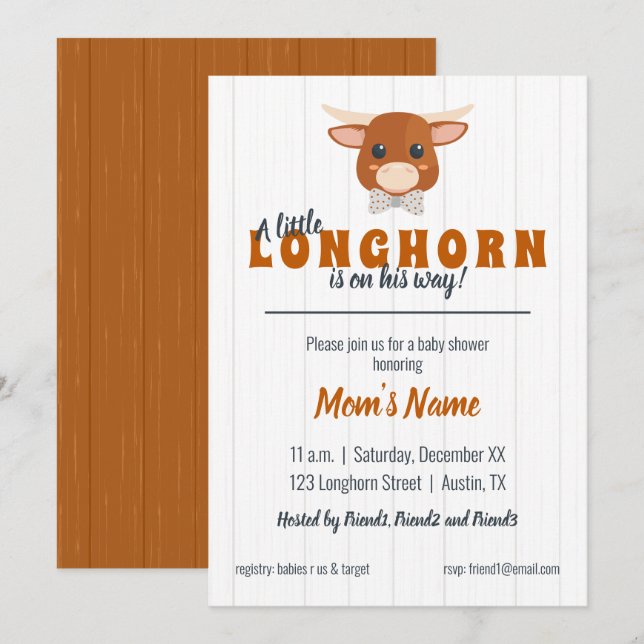 Baby Boy Longhorn Burnt Orange Babydusche Einladung (Vorne/Hinten)