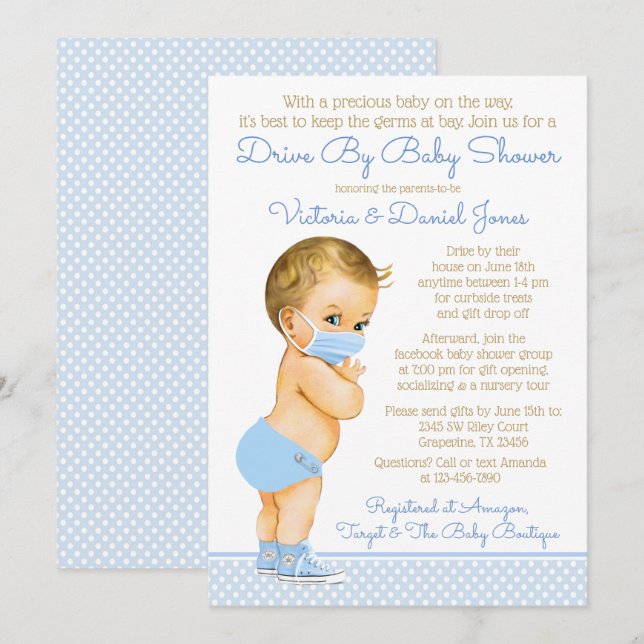 Baby Boy mit Maskenantrieb mit Babydusche Einladung (Vorne/Hinten)