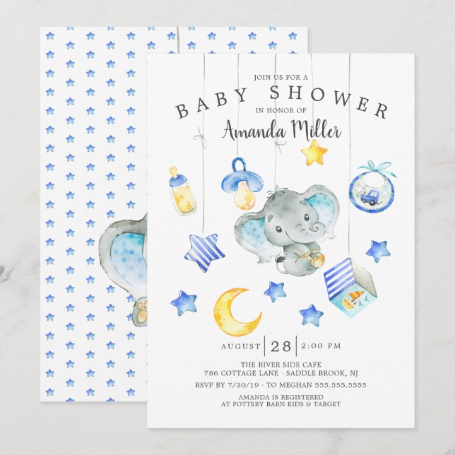 Baby Boy Mobile Elephant Baby Dusche Einladung (Vorne/Hinten)