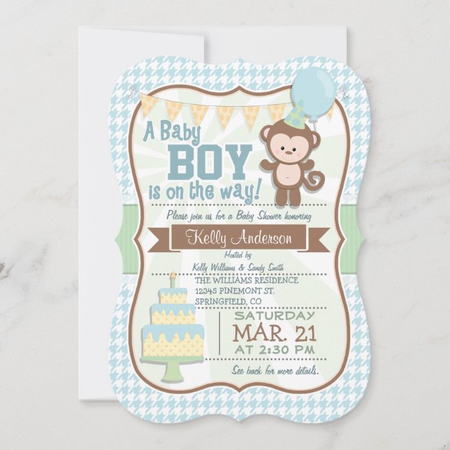 Baby Boy Monkey, Pastel Baby Dusche einladen Einladung (Vorderseite)