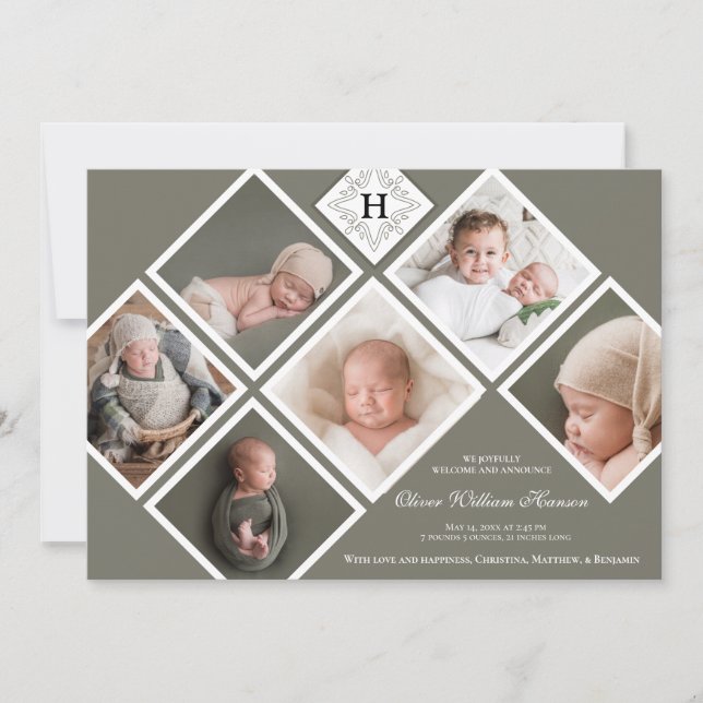 Baby Boy Multi-Foto Olive Monogram Birth Ankündigung (Vorderseite)