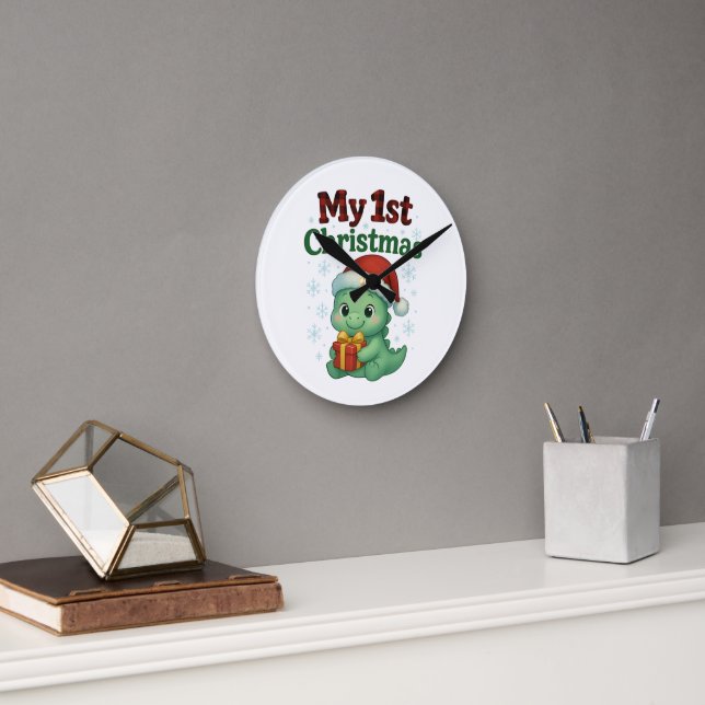 Baby Boy My 1st Christmas Dino Runde Wanduhr (Büro)