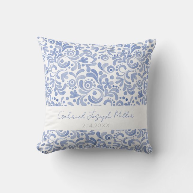 Baby Boy NAME BIRTHDATE Blue Watercolor Keepake Kissen (Vorderseite)
