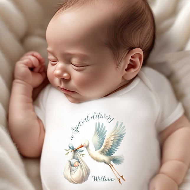Baby Boy Name Blue Stork Lieferung Baby Strampler (Newborn Baby Boy Name Blue Stork Delivery Baby Bodysuit)