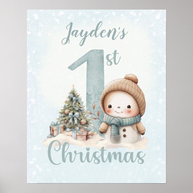 Baby Boy Name First Christmas Blue Nursery Poster (Devant)