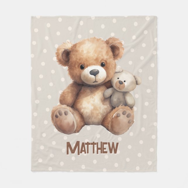 Baby Boy Name Teddy Bear Beige Tan Brown Kinderzim Fleecedecke (Vorderseite)