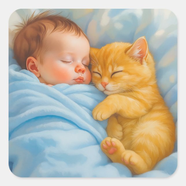 Baby Boy Napping mit Kitten Quadratischer Aufkleber (Vorderseite)