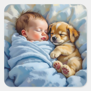 Baby Boy Napping mit Welpe Quadratischer Aufkleber