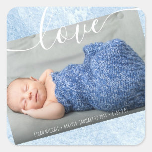 Baby Boy Neugeborenes Foto Geburtsankündigung Blu Quadratischer Aufkleber