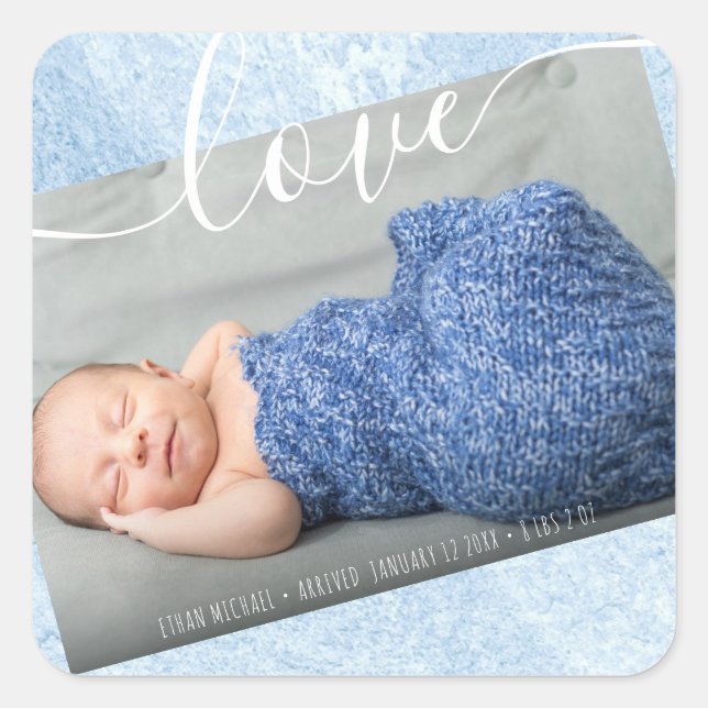 Baby Boy Neugeborenes Foto Geburtsankündigung Blue Quadratischer Aufkleber (Vorderseite)