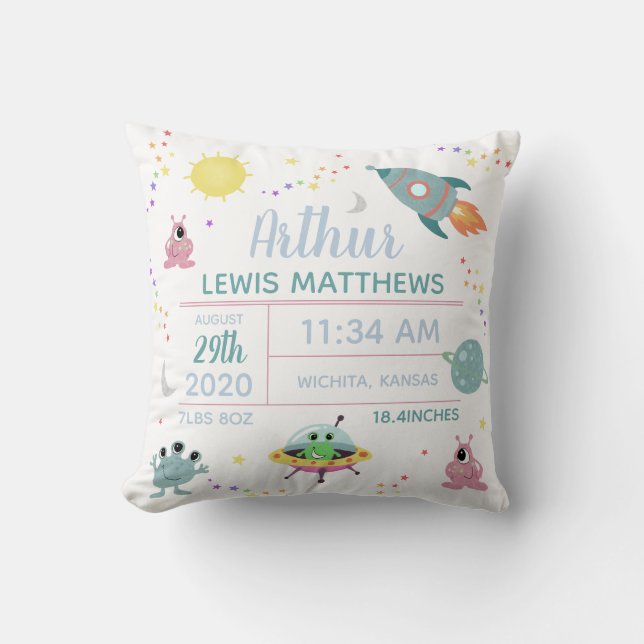 Baby Boy Niedlich Modern Space Alien Birth Stats Kissen (Vorderseite)