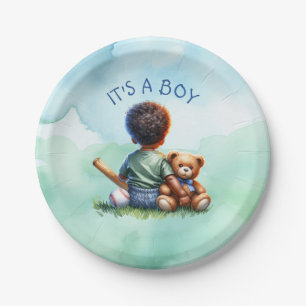 Baby Boy of Color mit seiner Teddy Bear Baby Showe Pappteller