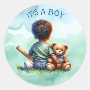 Baby Boy of Color mit seiner Teddy Bear Baby Showe Runder Aufkleber