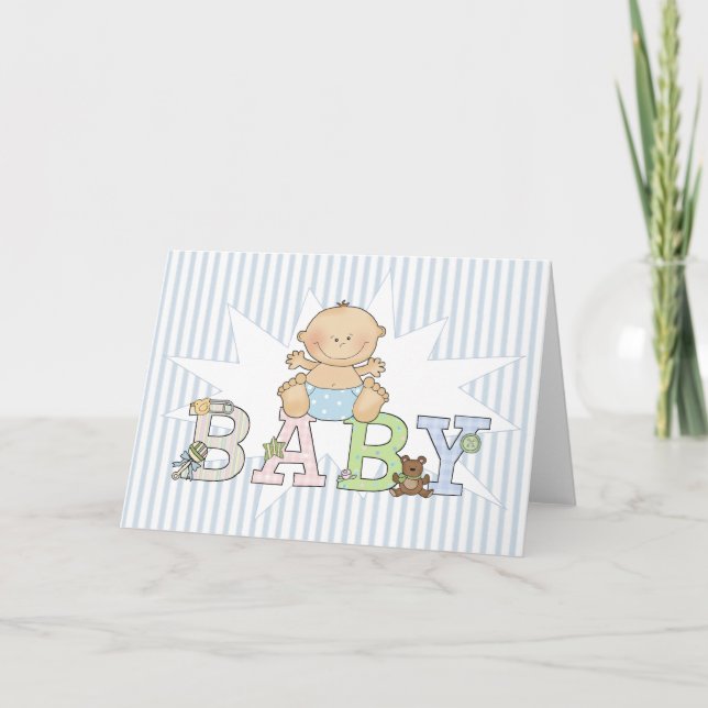 Baby Boy on Blue Striping Background Blank New Bab Ankündigung (Vorderseite)