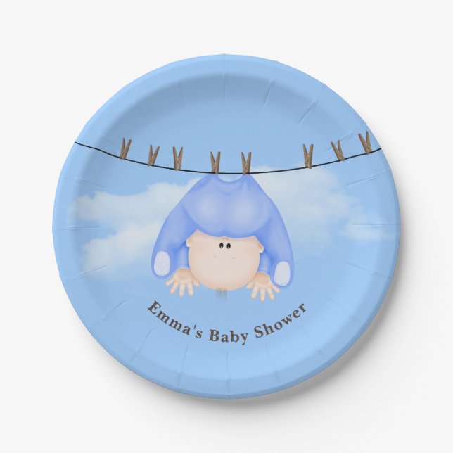 Baby Boy on Clothesline Paper Plate Pappteller (Vorderseite)