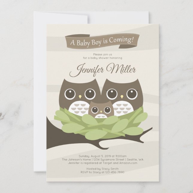 Baby Boy Owl Family Baby shower Invitation (Devant)