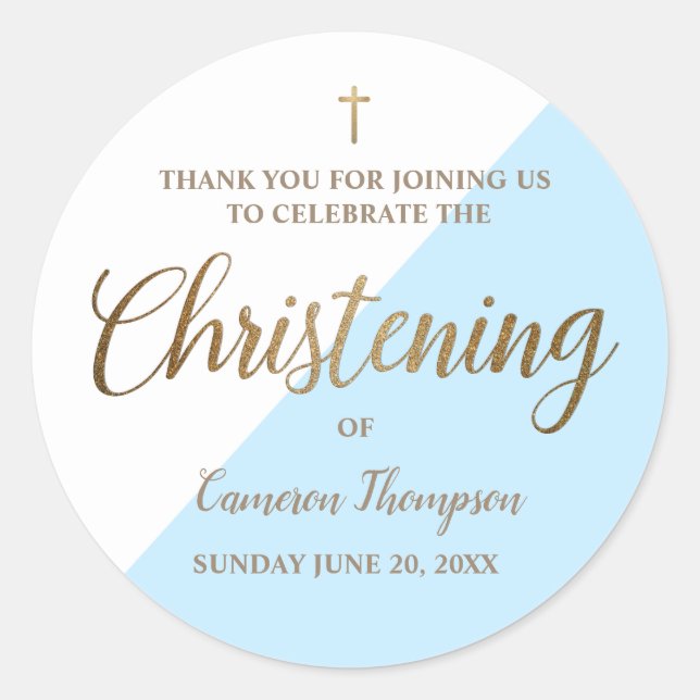 Baby Boy Personalisiert Blue Christening Danke Runder Aufkleber (Vorderseite)