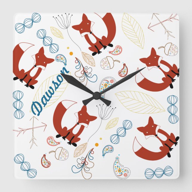 Baby Boy personalisiert modernes Fox Woodland Must Quadratische Wanduhr (Vorderseite)