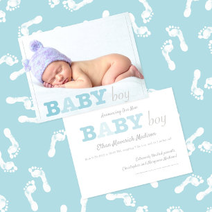 Baby Boy Photo Blue Lettering Faire-part