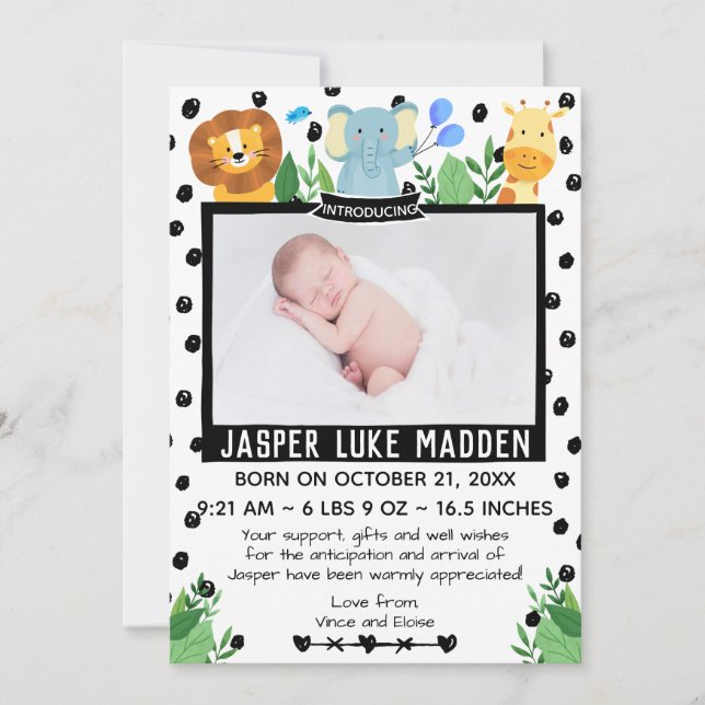 Baby Boy Photo Jungle Animaux Carte Faire-part (Devant)