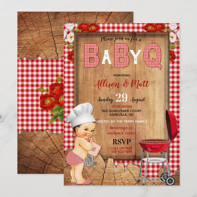 Baby Boy Red Gingham Wood Blume Baby Q Barbecue Einladung (Vorne/Hinten)