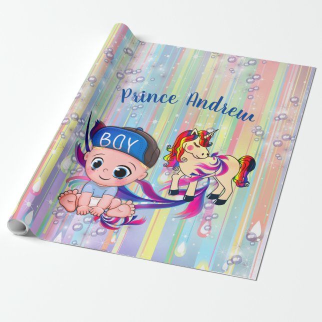 Baby Boy Regenbogen Bubbles & Unicorns Kinderdusch Geschenkpapier (Ungerollt)